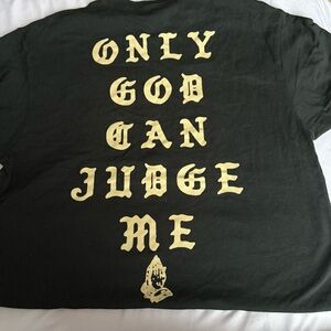Black Graphic Tee with Yellow Gothic 'Only God Can Judge Me' Print